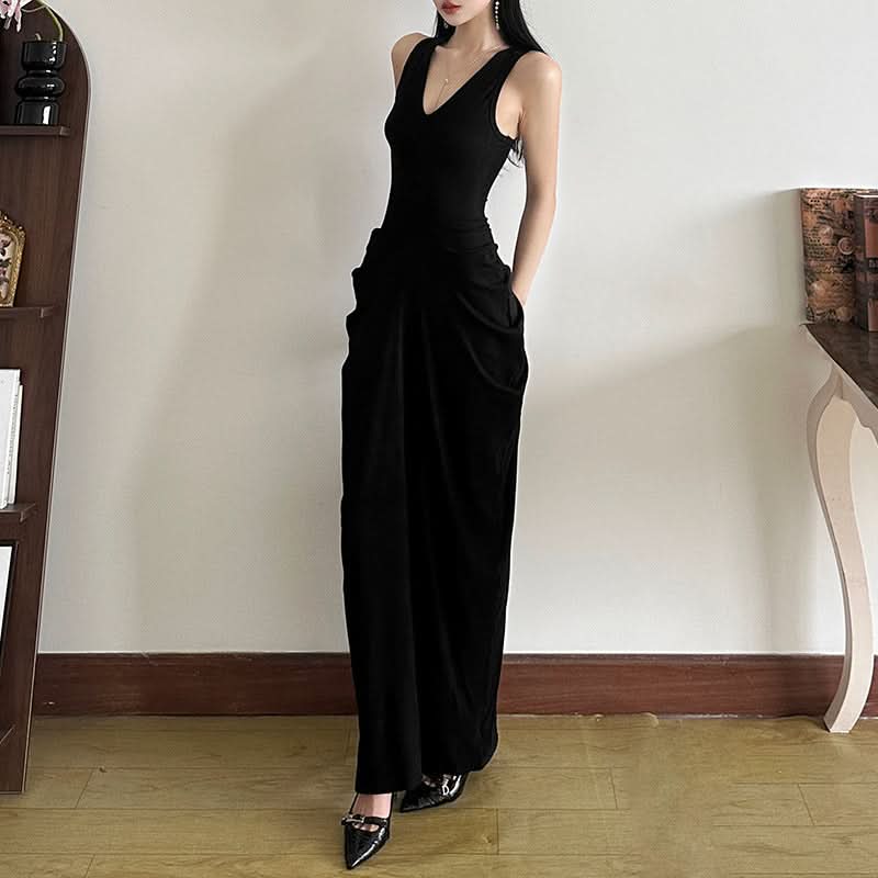 V neck sleeveless ruched solid maxi dress