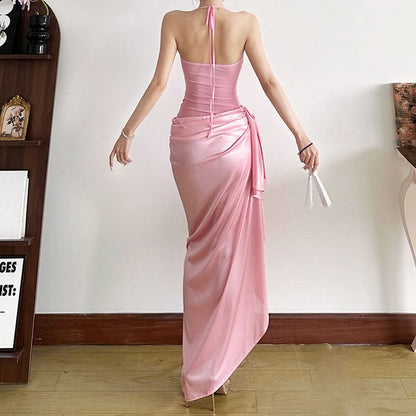 Halter self tie button mesh ruched maxi dress