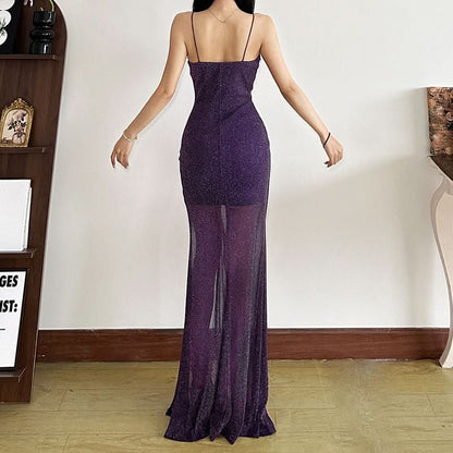 High slit hollow out ruched v neck cami cut out maxi dress