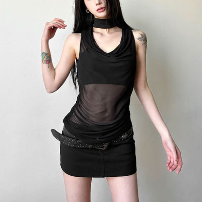 Mesh cowl neck irregular ruched 2 piece top