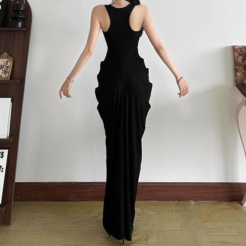 V neck sleeveless ruched solid maxi dress