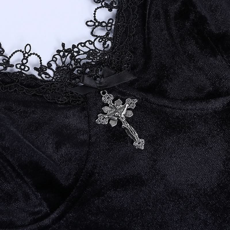 Lace hem v neck slit velvet cami mini dress