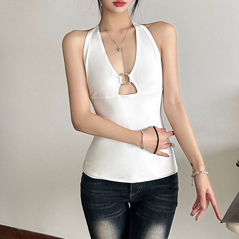 Hollow out o ring u neck backless cut out top