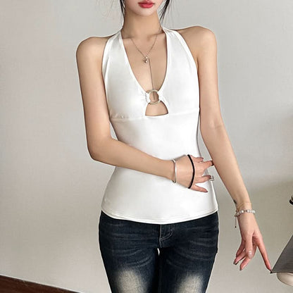 Hollow out o ring u neck backless cut out top