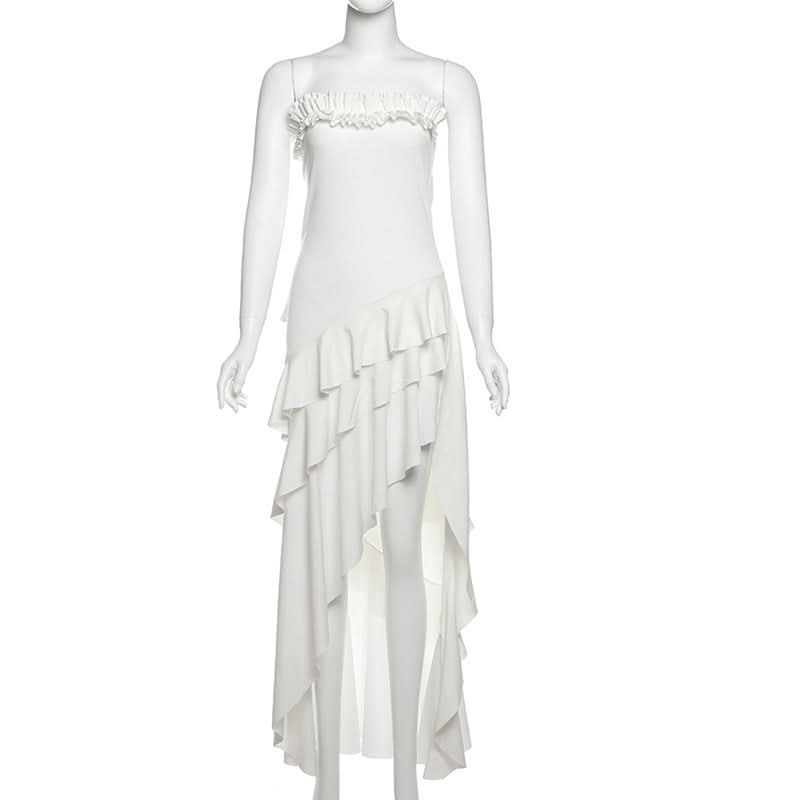Ruffle irregular ruched solid tube midi dress