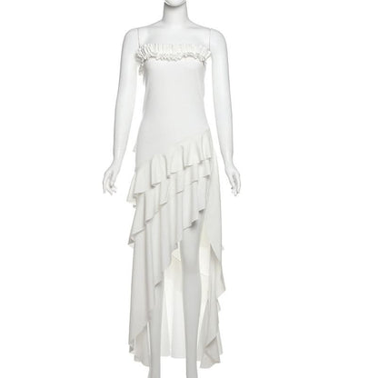 Ruffle irregular ruched solid tube midi dress