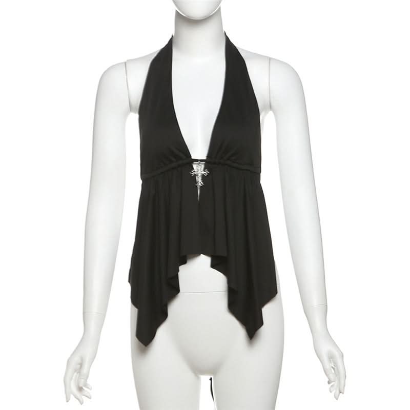 Self tie halter backless deep V neck top