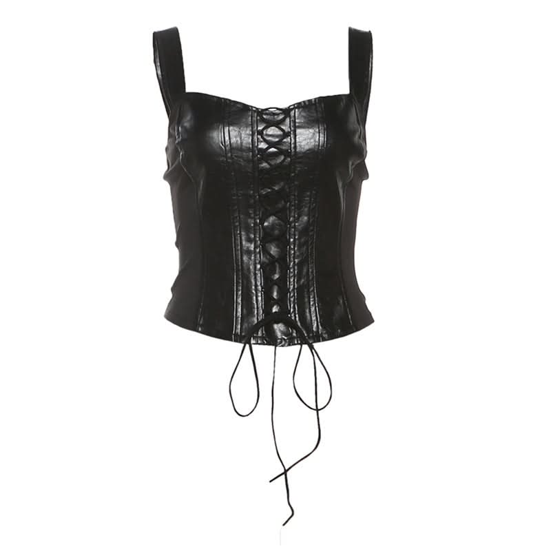 Lace up v neck PU leather backless tank top