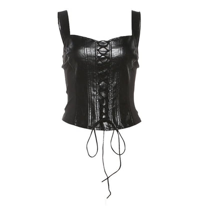 Lace up v neck PU leather backless tank top