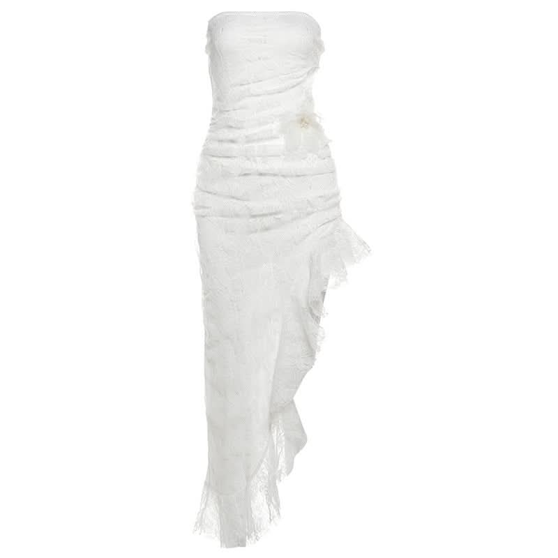 Hollow out irregular ruched lace tube cut out midi dress
