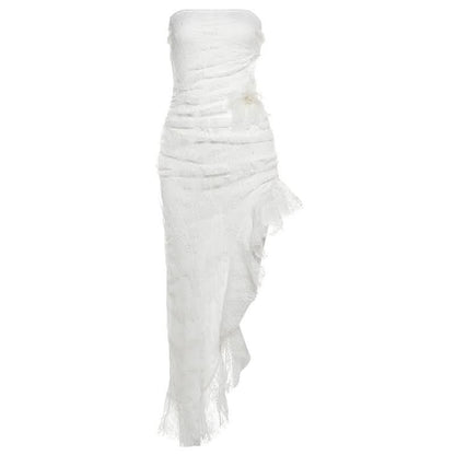 Hollow out irregular ruched lace tube cut out midi dress