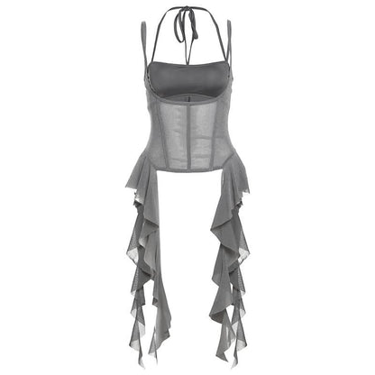 Halter self tie mesh solid 2 piece cami top