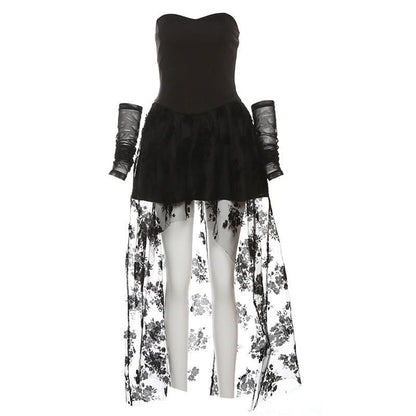 Sweetheart neck flower print mesh tube mini dress