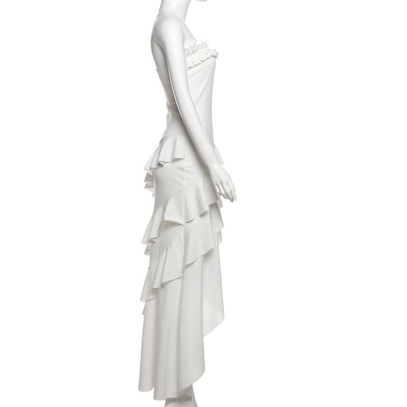 Ruffle irregular ruched solid tube midi dress