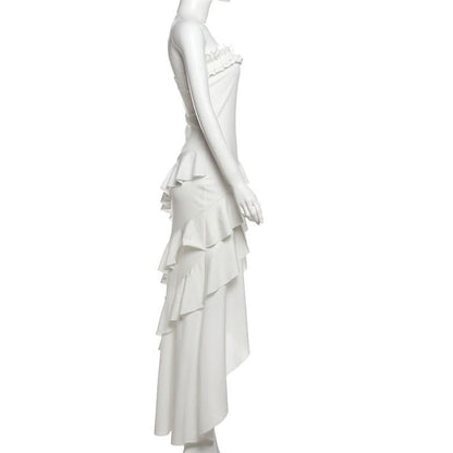 Ruffle irregular ruched solid tube midi dress