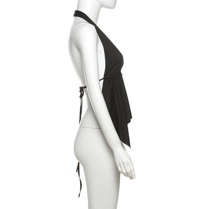 Self tie halter backless deep V neck top