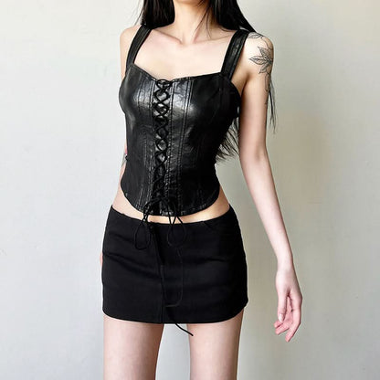 Lace up v neck PU leather backless tank top