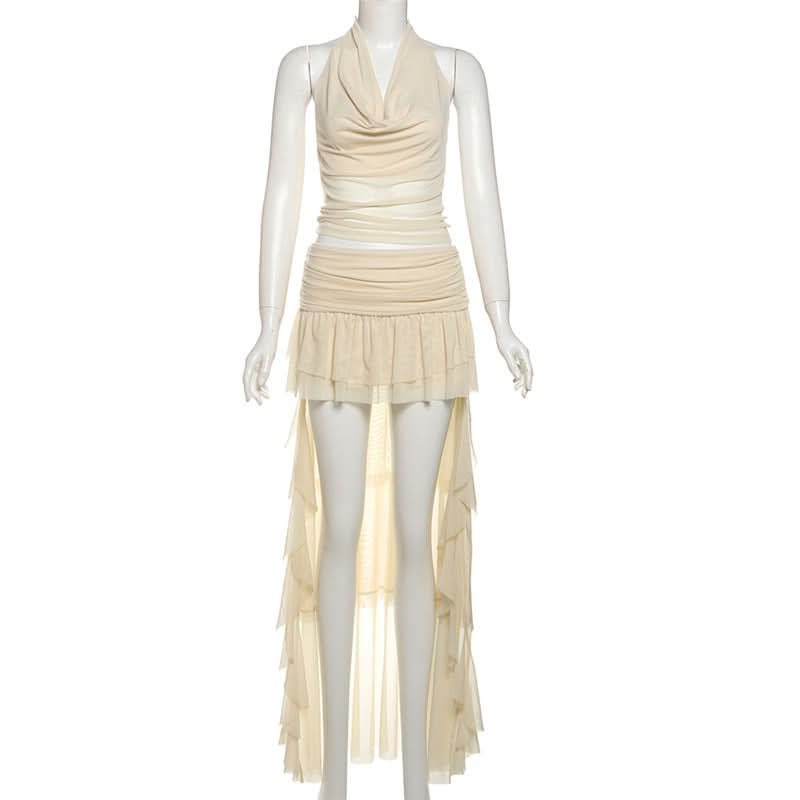 Halter mesh ruched cowl neck mini skirt set