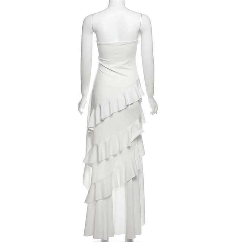 Ruffle irregular ruched solid tube midi dress