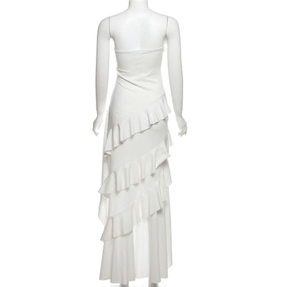 Ruffle irregular ruched solid tube midi dress