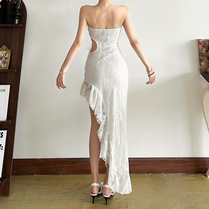Hollow out irregular ruched lace tube cut out midi dress