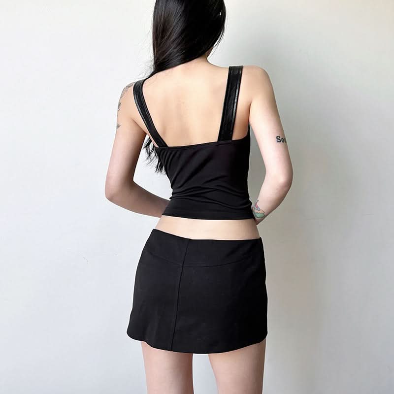 Lace up v neck PU leather backless tank top