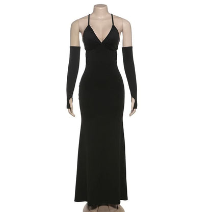 Cross back v neck self tie gloves maxi dress