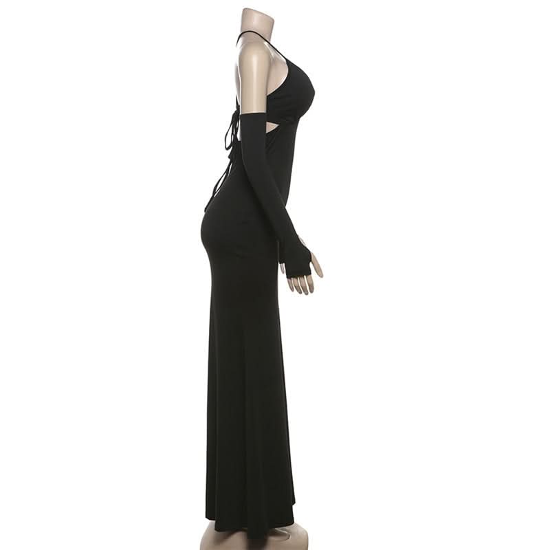 Cross back v neck self tie gloves maxi dress