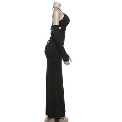 Cross back v neck self tie gloves maxi dress