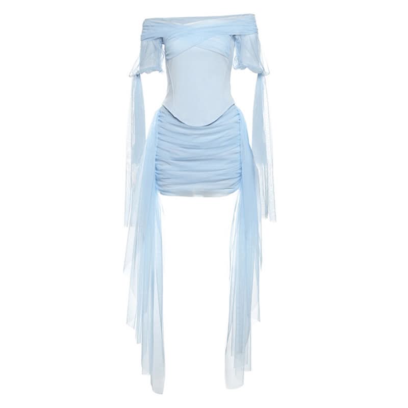 Off shoulder ruched mesh solid mini skirt set