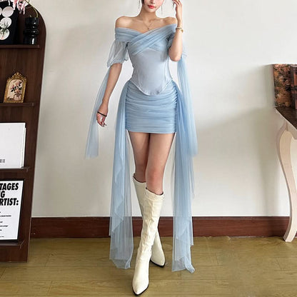 Off shoulder ruched mesh solid mini skirt set