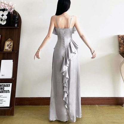 Zip-up u neck ruffle slit cami maxi dress