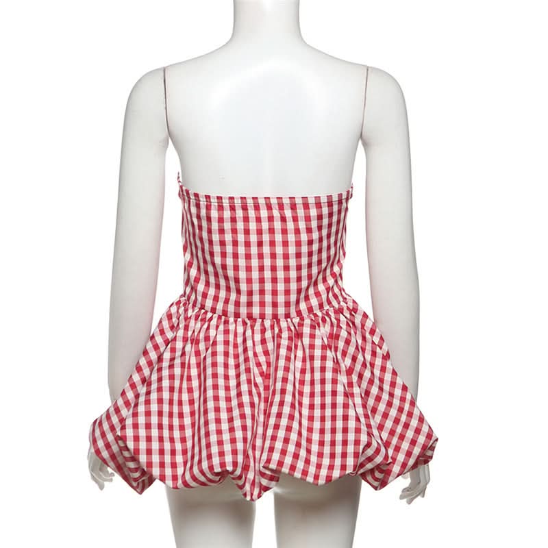 Plaid zip-up ruched contrast tube top