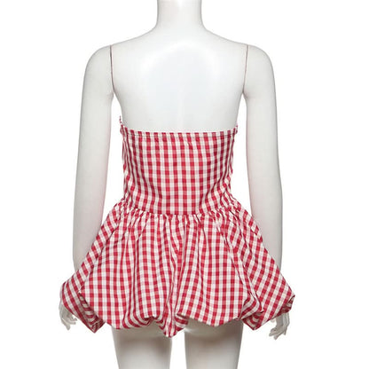 Plaid zip-up ruched contrast tube top