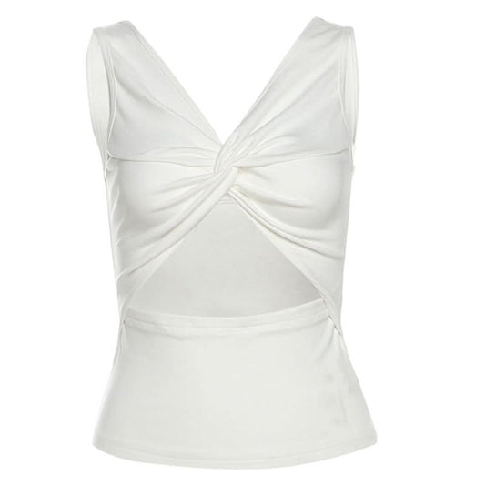 Ruched v neck hollow out knotted solid cut out top