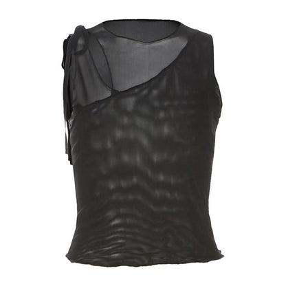 Hollow out mesh crewneck ruffle solid cut out top