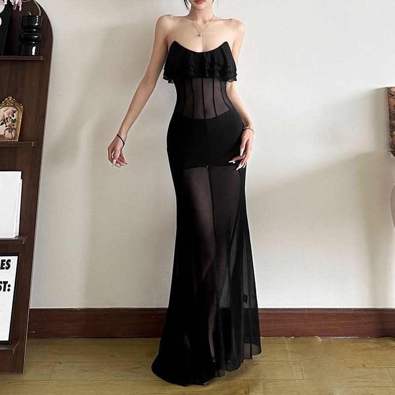 Ruffle u neck mesh solid cami maxi dress