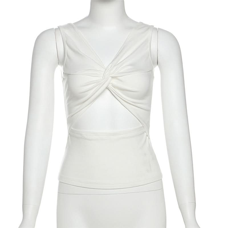 Ruched v neck hollow out knotted solid cut out top