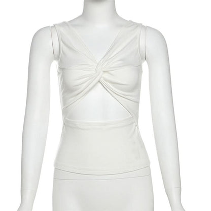Ruched v neck hollow out knotted solid cut out top