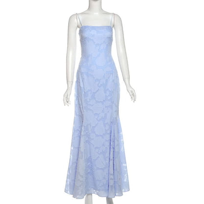 Square neck zip-up self tie spaghetti strap maxi dress