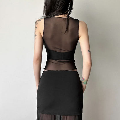 Hollow out mesh crewneck ruffle solid cut out top