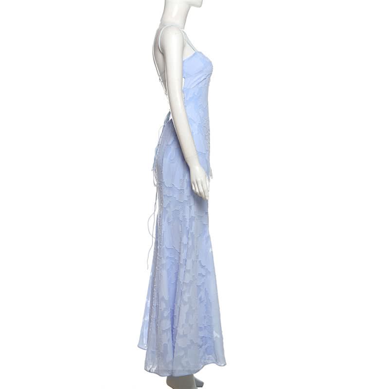 Square neck zip-up self tie spaghetti strap maxi dress