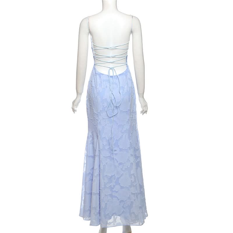 Square neck zip-up self tie spaghetti strap maxi dress