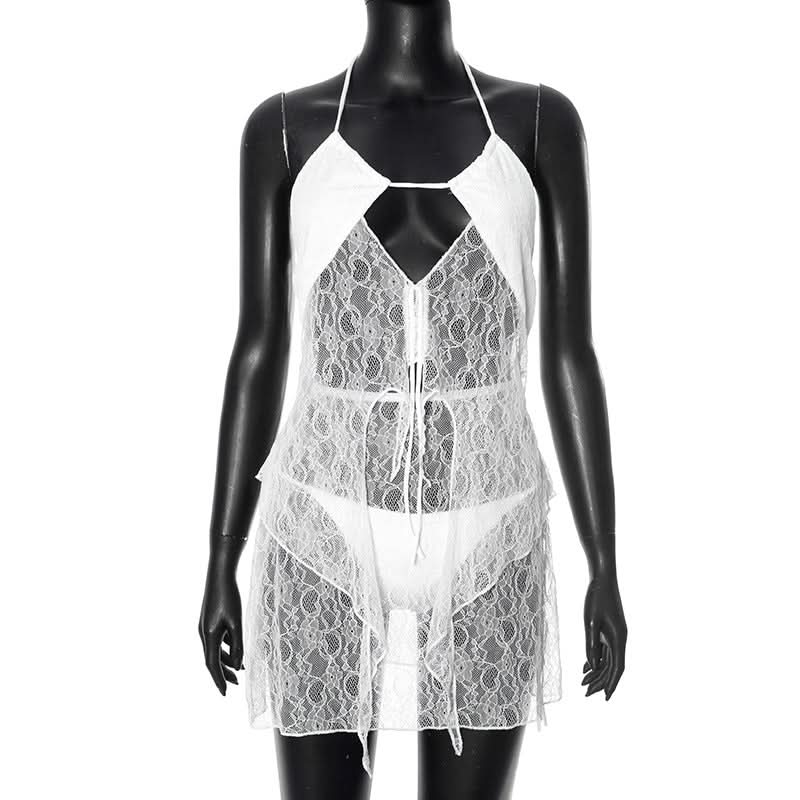 Self tie halter hollow out lace solid mini skirt set