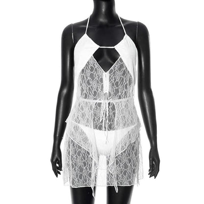 Self tie halter hollow out lace solid mini skirt set