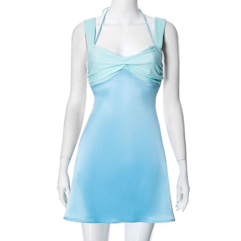 Ruched halter self tie v neck backless mini dress
