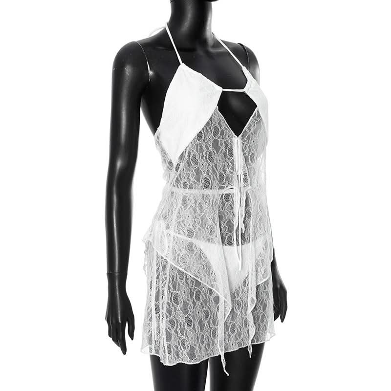 Self tie halter hollow out lace solid mini skirt set