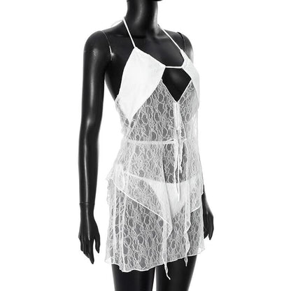 Self tie halter hollow out lace solid mini skirt set