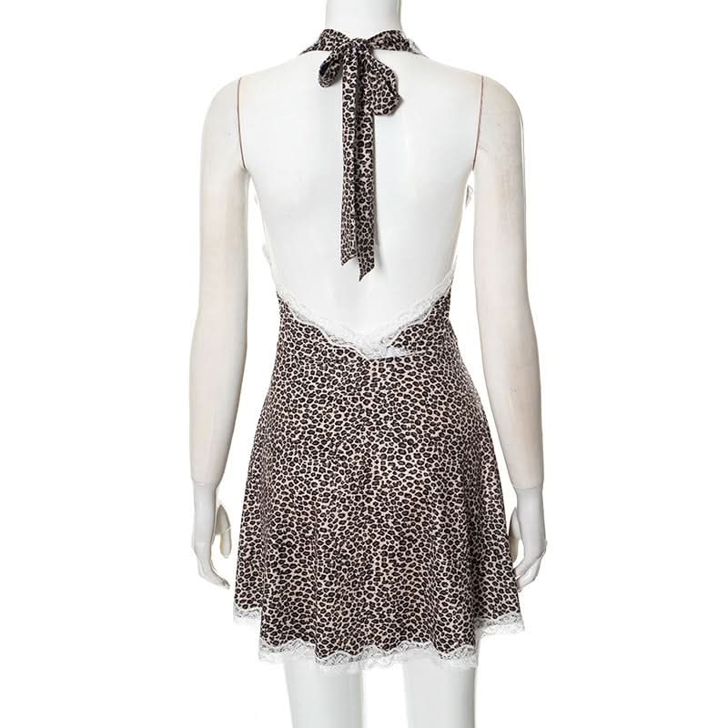 Leopard print lace hem halter v neck mini dress