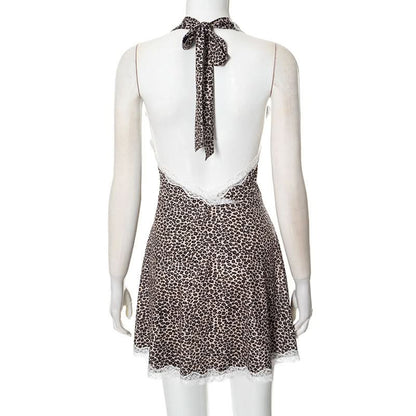 Leopard print lace hem halter v neck mini dress